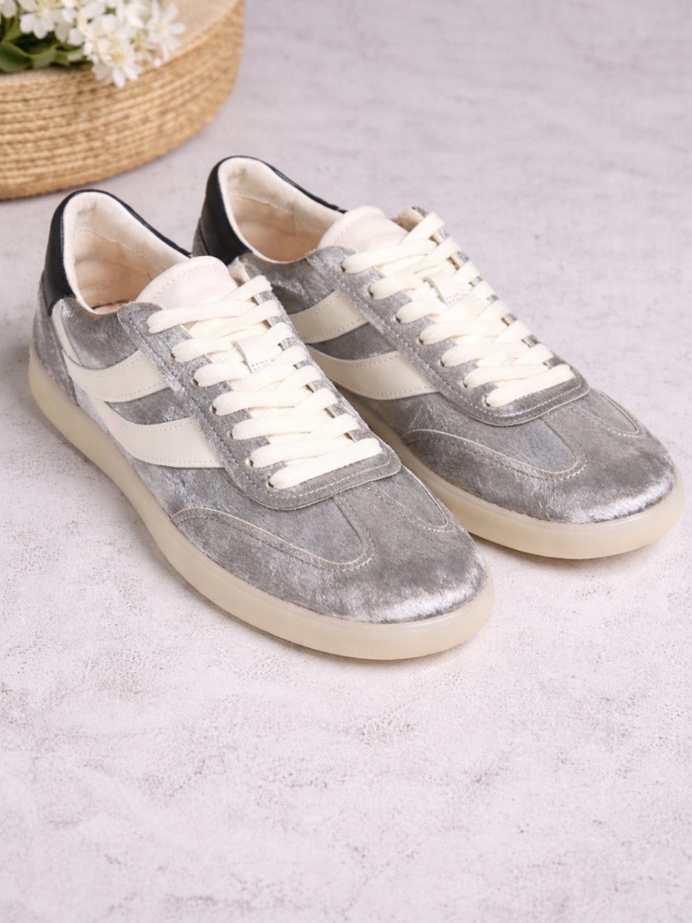 Oasis Silver Metallic Calf Hair Sneakers Women’s Size 6 Real Fur Leather NEW